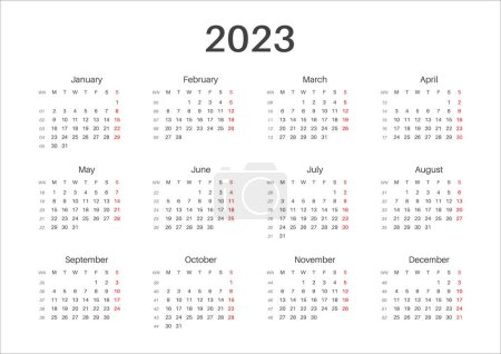 Jahreskalender 2023. Monatskalender. a4 horizontale Größe. Ausdruckbar. Montag geht es los. Einfaches, minimalistisches Design. Vektor