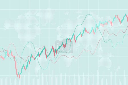 Illustration for World stock market index graph. Candlestick chart, line graph and bar chart. Stock market growth illustration. Financial market background. Red and green color. Vector illustration - Royalty Free Image