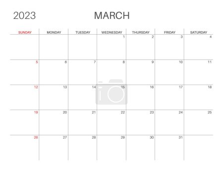 Illustration for Horizontal monthly calendar. March calendar template. Sunday start. Letter size. Simple, minimalist design. 2023 year. Monthly planner. Vector - Royalty Free Image