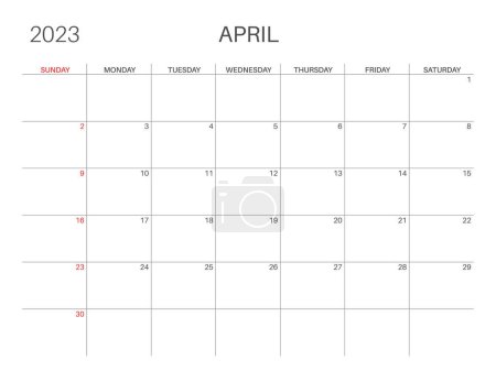 Illustration for Horizontal monthly calendar. April calendar template. Sunday start. Letter size. Simple, minimalist design. 2023 year. Monthly planner. Vector - Royalty Free Image