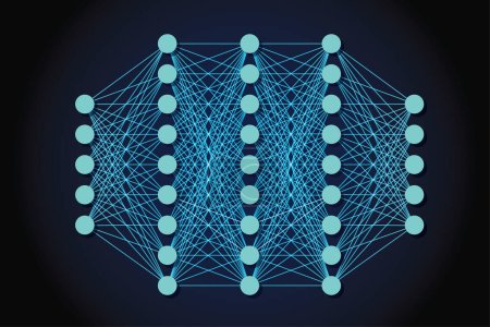 Modelo de red neuronal sobre fondo oscuro. Inteligencia artificial, ciencia de datos. Ilustración vectorial
