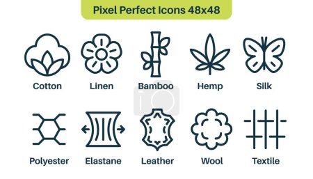 Illustration for Set of fabric types or product materials like cotton, leather, wool, polyester, elastane. Outline icons. Synthetic and natural fibers. Cotton, polyester, wool and leather icons. Vector - Royalty Free Image