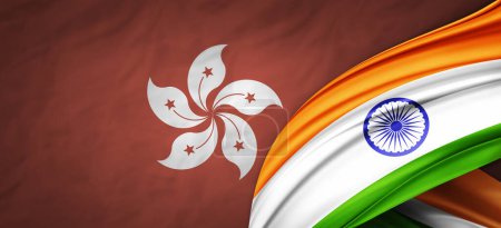 Téléchargez les photos : Drapeau de Hong Kong et drapeau de l'Inde de soie-illustration 3D - en image libre de droit
