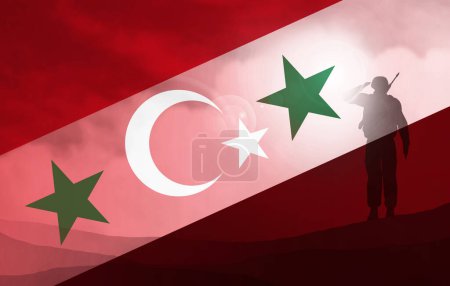 Foto de Bandera de Siria y Turquía con una llamarada de nubes de soldados en el fondo-3D ilustración - Imagen libre de derechos