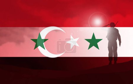 Foto de Bandera de Siria y Turquía con una llamarada de nubes de soldados en el fondo-3D ilustración - Imagen libre de derechos