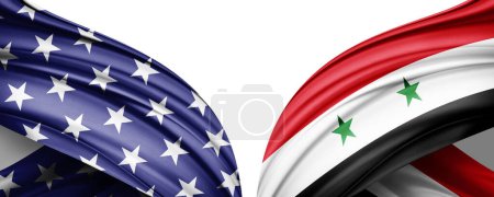 Foto de Syria and USA flags of silk -3D illustration - Imagen libre de derechos