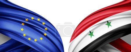 Téléchargez les photos : Syria and European Union flags of silk -3D illustration - en image libre de droit