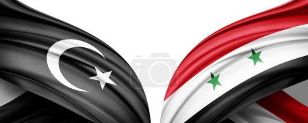 Foto de Syria and Star and Crescent, Islamic religion symbol flags of silk -3D illustration - Imagen libre de derechos