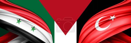 Foto de Siria, Turquía y Palestina bandera de seda-3D illustration.jpg - Imagen libre de derechos