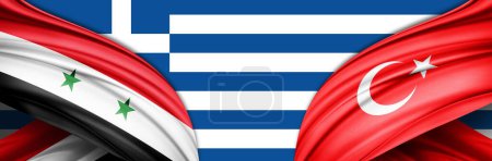 Téléchargez les photos : Syria, Turkey and Greece flags of silk -3D illustration - en image libre de droit