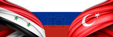 Foto de Syria, Turkey and Russia flag of silk -3D illustration - Imagen libre de derechos
