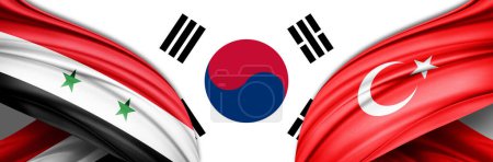 Foto de Siria, Turquía y Corea del Sur banderas de seda-3D ilustración - Imagen libre de derechos