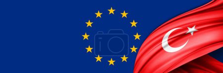Téléchargez les photos : Turkey and European Union flags of silk - 3D illustration - en image libre de droit