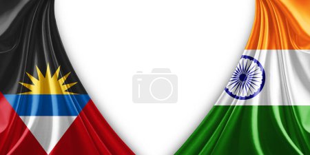 Téléchargez les photos : Drapeau d'Antigua et drapeau de l'Inde en soie et fond blanc-illustration 3d - en image libre de droit