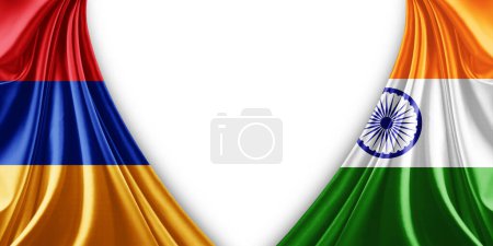 Téléchargez les photos : Drapeau de l'Arménie et drapeau de l'Inde en soie et fond blanc illustration 3d - en image libre de droit