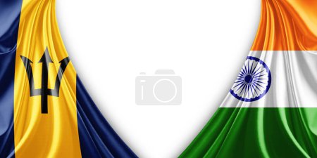 Foto de Bandera de Barbados y bandera de la India de seda y fondo blanco-3d ilustración. - Imagen libre de derechos