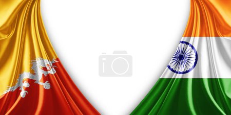 Foto de Bandera de Bután y Bandera de la India de seda y fondo blanco-3d ilustración. - Imagen libre de derechos