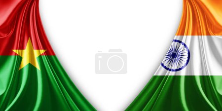 Burkina Faso flag and India flag of silk and white background-3d illustration