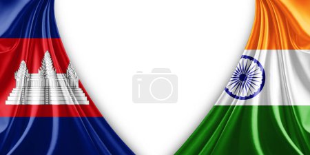 Foto de Bandera de Camboya y Bandera de la India de seda y fondo blanco-3d ilustración. - Imagen libre de derechos