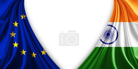 Foto de Bandera de la unión de Europa y bandera de la India de seda y fondo blanco-3d ilustración - Imagen libre de derechos