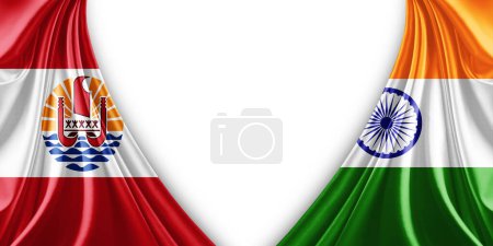Téléchargez les photos : Drapeau Polynésie française et drapeau de l'Inde en soie et fond blanc illustration 3d - en image libre de droit