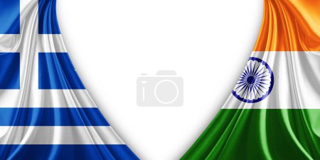 Foto de Bandera de Grecia y bandera de la India de seda y fondo blanco-3d ilustración - Imagen libre de derechos