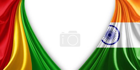 Foto de Bandera de Guinea y bandera de la India de seda y fondo blanco-3d ilustración - Imagen libre de derechos