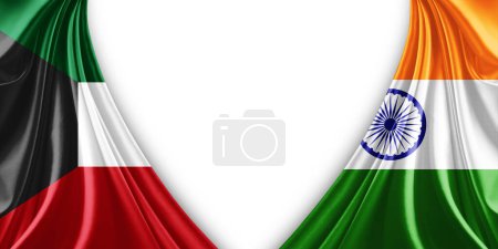 Photo for Kuwait flag and India flag of silk and white background-3d illustration - Royalty Free Image