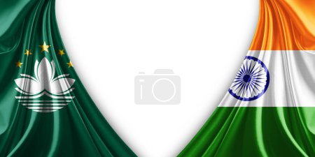 Téléchargez les photos : Drapeau de Macao et drapeau de l'Inde en soie et fond blanc illustration 3d - en image libre de droit