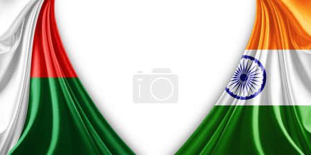 Foto de Bandera de Madagascar y bandera de la India de seda y fondo blanco-3d ilustración - Imagen libre de derechos