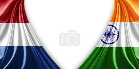 Foto de Bandera de Holanda e India Bandera de seda y fondo blanco-3d ilustración. - Imagen libre de derechos