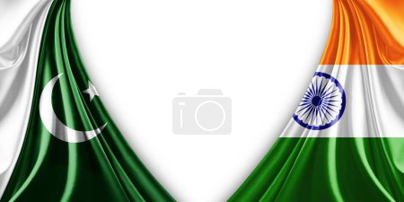 Téléchargez les photos : Drapeau du Pakistan et drapeau de l'Inde en soie et fond blanc illustration 3d - en image libre de droit