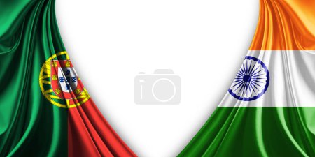 Photo for Portugal flag and India flag of silk and white background-3d illustration - Royalty Free Image