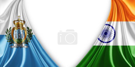 Téléchargez les photos : Drapeau de Saint-Marin et drapeau de l'Inde en soie et fond blanc illustration 3d - en image libre de droit
