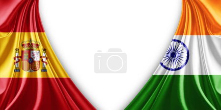Photo for Spain flag and India flag of silk and white background-3d illustration - Royalty Free Image