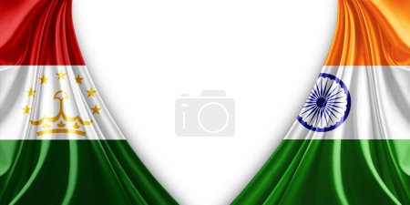 Foto de Bandera de Tayikistán e India Bandera de seda y fondo blanco-3d ilustración - Imagen libre de derechos