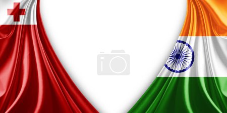 Téléchargez les photos : Drapeau des Tonga et drapeau de l'Inde en soie et fond blanc illustration 3d - en image libre de droit