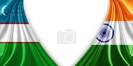 Photo for Uzbekistan flag and India flag of silk and white background-3d illustration - Royalty Free Image
