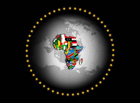 Foto de Bandera de la Unión Africana con mapa y banderas sobre fondo negro - Ilustración 3D - Imagen libre de derechos