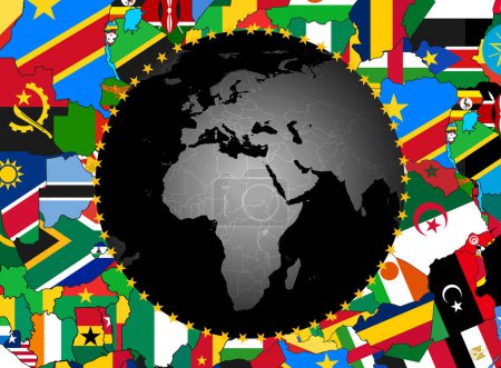 Foto de Bandera de la Unión Africana con mapa y banderas en segundo plano - Ilustración 3D - Imagen libre de derechos