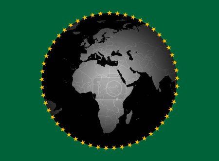 Téléchargez les photos : Drapeau de l'Union africaine avec carte et drapeaux sur fond vert -Illustration 3D - en image libre de droit