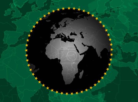 Téléchargez les photos : Drapeau de l'Union africaine avec carte et drapeaux sur fond de carte du monde - illustration 3D - en image libre de droit