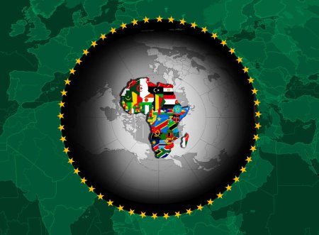 Téléchargez les photos : Drapeau de l'Union africaine avec carte et drapeaux sur fond de carte du monde - illustration 3D - en image libre de droit
