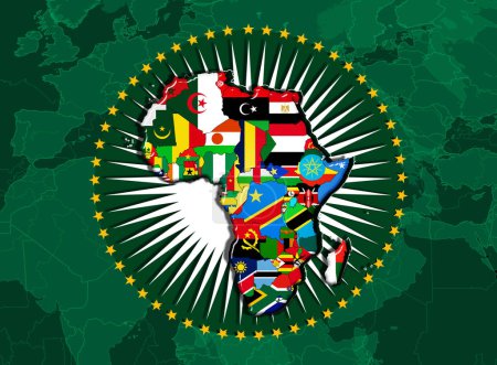 Foto de Bandera de la Unión Africana con mapa y banderas en el fondo del mapa mundial - Ilustración 3D - Imagen libre de derechos