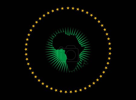 Téléchargez les photos : Drapeau de l'Union africaine avec carte et fond noir - illustration 3D - en image libre de droit