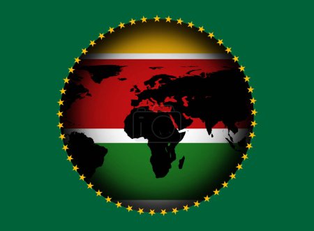 Téléchargez les photos : Drapeau de l'Union africaine avec carte du monde et drapeau sur fond vert - illustration 3D - en image libre de droit