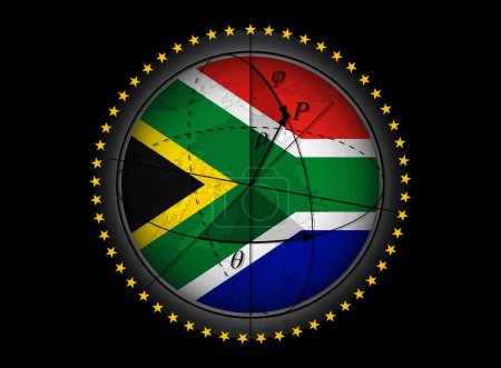 Foto de Bandera de Sudáfrica y Unión Africana con mapa sobre fondo verde, ilustración 3D - Imagen libre de derechos