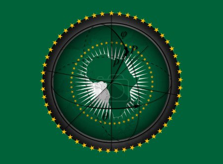 Téléchargez les photos : Drapeau de l'Union africaine avec carte du monde sur fond vert - illustration 3D - en image libre de droit
