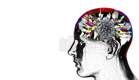 tête humaine colorée avec cerveau abstrait, fond blanc isolé illustration 3D