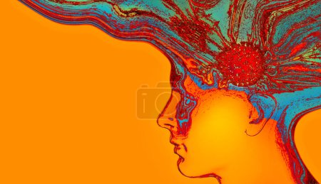 menschlicher Kopf mit abstraktem Gehirn und orangefarbenem Hintergrund-3D-Illustration
